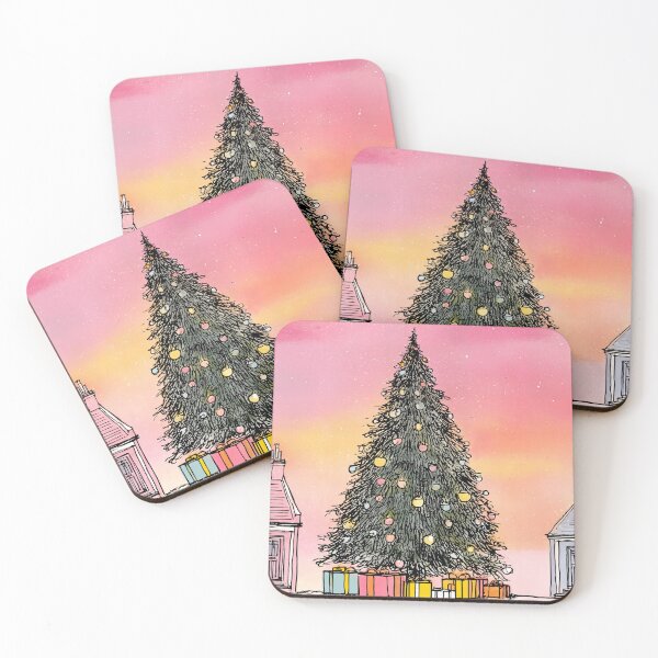 Item preview, Christmas Magic Between the Houses- A Festive Tree Under a Pink Winter Sky designed and sold by OlfactoART Studio.