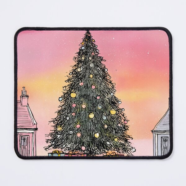 Item preview, Christmas Magic Between the Houses- A Festive Tree Under a Pink Winter Sky designed and sold by OlfactoART Studio.