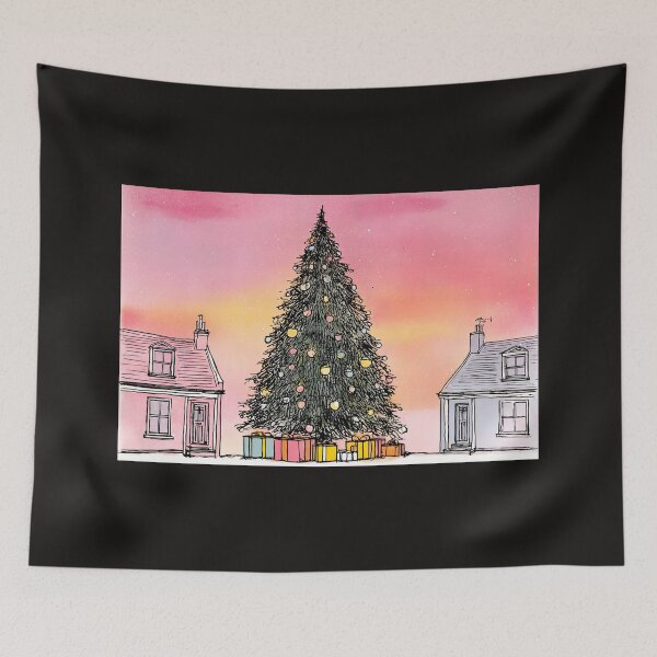Item preview, Christmas Magic Between the Houses- A Festive Tree Under a Pink Winter Sky designed and sold by OlfactoART Studio.