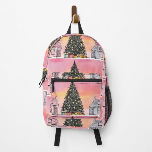 Item preview, Christmas Magic Between the Houses- A Festive Tree Under a Pink Winter Sky designed and sold by OlfactoART Studio.