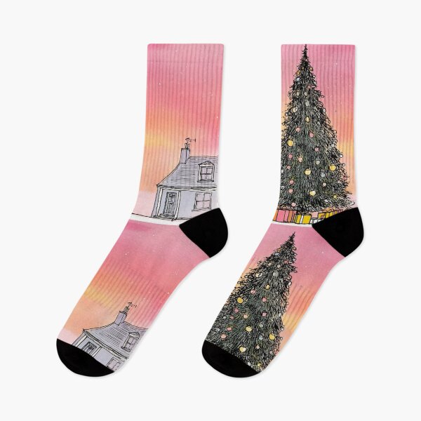 Item preview, Christmas Magic Between the Houses- A Festive Tree Under a Pink Winter Sky designed and sold by OlfactoART Studio.