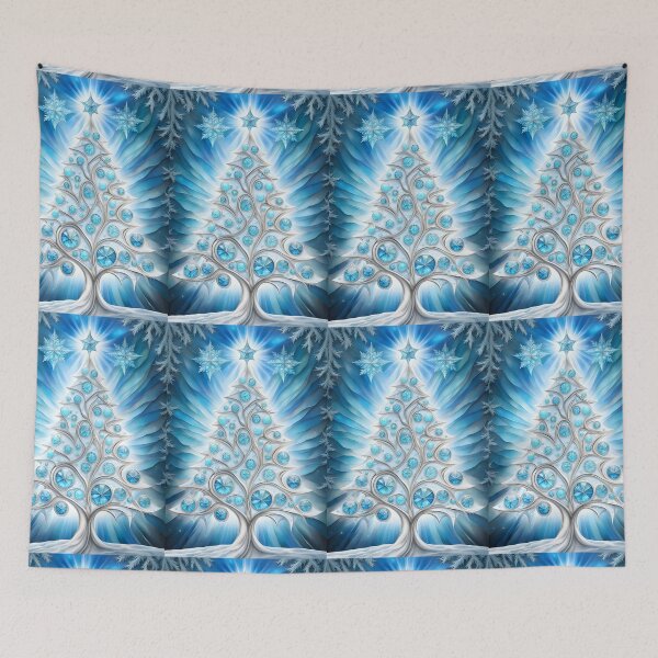 Item preview, SEASONS GREETING CHRISTMAS TREE Blue Sapphire Stained Glass Bejeweled Art Print on Demand ~Winter Wonderland Party Decoration~Birthday Gift~Favor designed and sold by Spinning Plates 360.