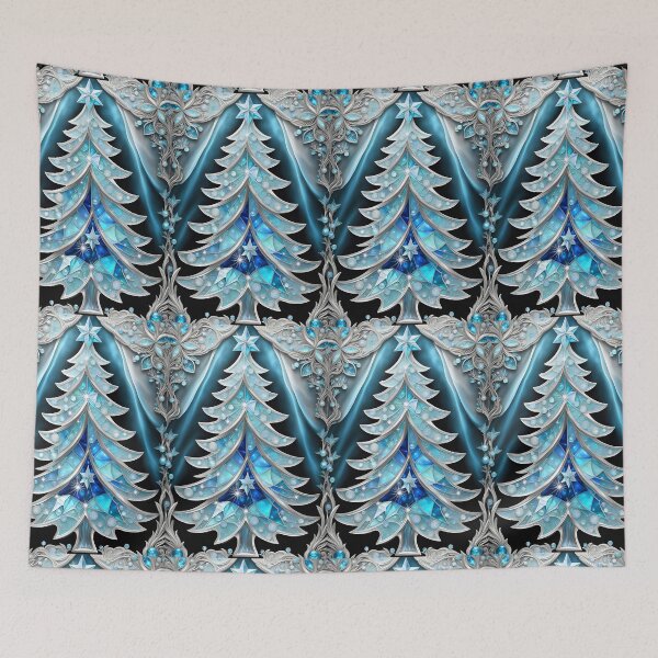 Item preview, SEASONS GREETING CHRISTMAS TREE Blue Sapphire Stained Glass Bejeweled Art Print on Demand ~Winter Wonderland Party Decoration~Birthday Gift~Favor designed and sold by Spinning Plates 360.