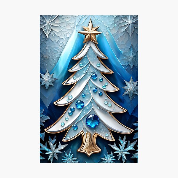 Item preview, SEASONS GREETING CHRISTMAS TREE Blue Sapphire Stained Glass Bejeweled Art Print on Demand ~Winter Wonderland Party Decoration~Birthday Gift~Favor designed and sold by Spinning Plates 360.