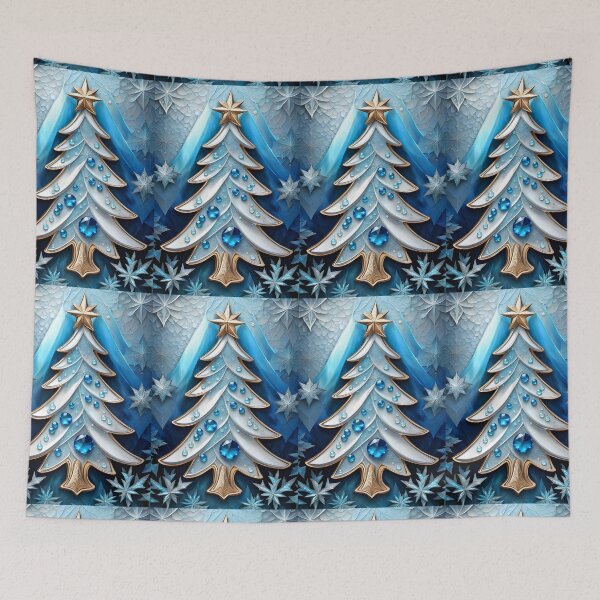 Item preview, SEASONS GREETING CHRISTMAS TREE Blue Sapphire Stained Glass Bejeweled Art Print on Demand ~Winter Wonderland Party Decoration~Birthday Gift~Favor designed and sold by Spinning Plates 360.