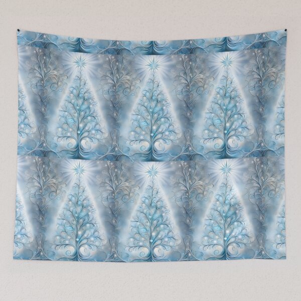 Item preview, SEASONS GREETING CHRISTMAS TREE Blue Sapphire Stained Glass Bejeweled Art Print on Demand ~Winter Wonderland Party Decoration~Birthday Gift~Favor designed and sold by Spinning Plates 360.