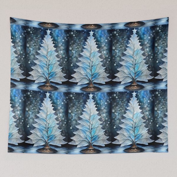 Item preview, SEASONS GREETING CHRISTMAS TREE Blue Sapphire Stained Glass Bejeweled Art Print on Demand ~Winter Wonderland Party Decoration~Birthday Gift~Favor designed and sold by Spinning Plates 360.
