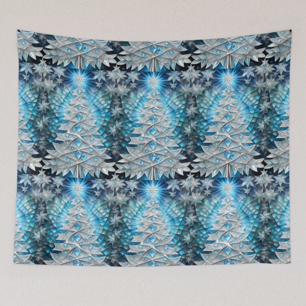 Item preview, SEASONS GREETING CHRISTMAS TREE Blue Sapphire Stained Glass Bejeweled Art Print on Demand ~Winter Wonderland Party Decoration~Birthday Gift~Favor designed and sold by Spinning Plates 360.