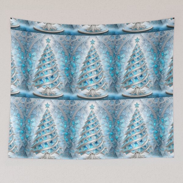 Item preview, SEASONS GREETING CHRISTMAS TREE Blue Sapphire Stained Glass Bejeweled Art Print on Demand ~Winter Wonderland Party Decoration~Birthday Gift~Favor designed and sold by Spinning Plates 360.