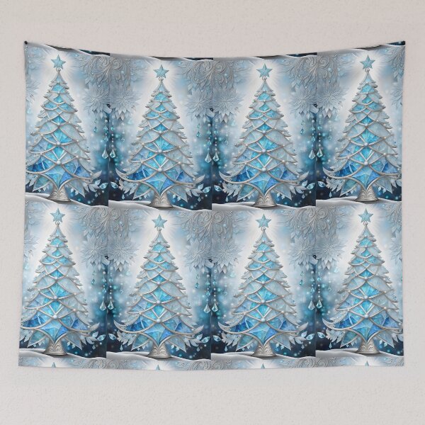 Item preview, SEASONS GREETING CHRISTMAS TREE Blue Sapphire Stained Glass Art Print on Demand ~Winter Wonderland Party Decoration~Birthday Gift~Favor designed and sold by Spinning Plates 360.
