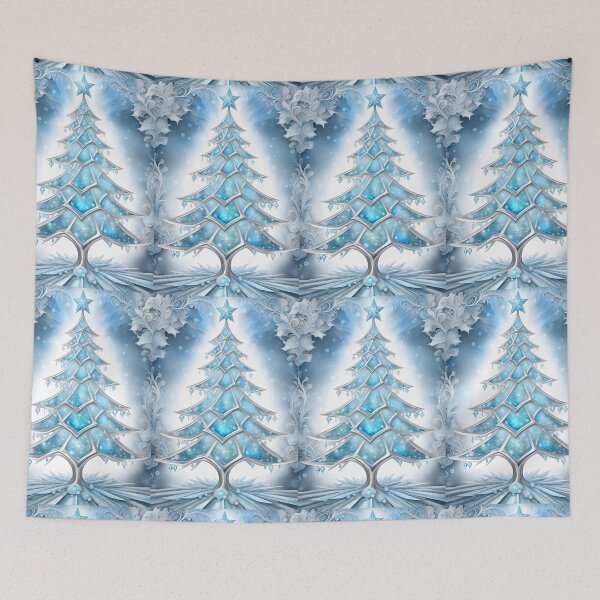 Item preview, SEASONS GREETING CHRISTMAS TREE Blue Sapphire Stained Glass Art Print on Demand ~Winter Wonderland Party Decoration~Birthday Gift~Favor designed and sold by Spinning Plates 360.
