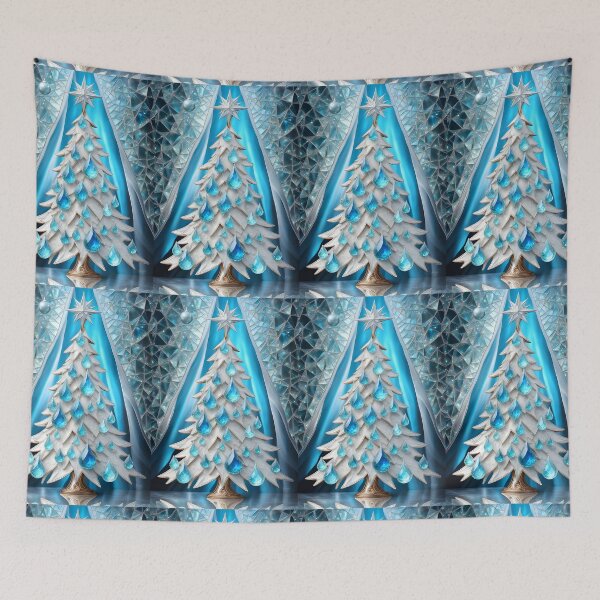 Item preview, SEASONS GREETING CHRISTMAS TREE Blue Sapphire Stained Glass Art Print on Demand ~Winter Wonderland Party Decoration~Birthday Gift~Favor designed and sold by Spinning Plates 360.