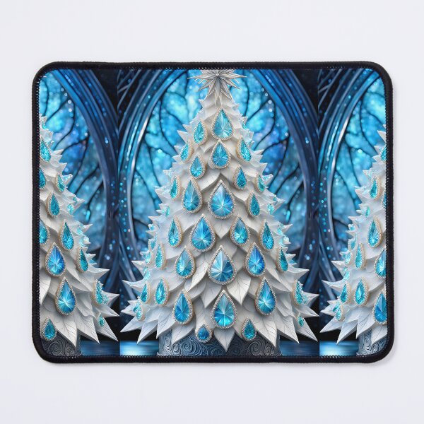 Item preview, SEASONS GREETING CHRISTMAS TREE Blue Sapphire Stained Glass Art Print on Demand ~Winter Wonderland Party Decoration~Birthday Gift~Favor designed and sold by Spinning Plates 360.