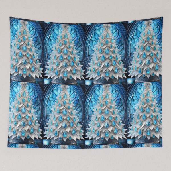 Item preview, SEASONS GREETING CHRISTMAS TREE Blue Sapphire Stained Glass Art Print on Demand ~Winter Wonderland Party Decoration~Birthday Gift~Favor designed and sold by Spinning Plates 360.