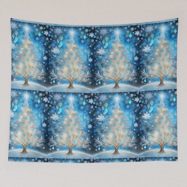 Item preview, SEASONS GREETING CHRISTMAS TREE Blue Sapphire Stained Glass Art Print on Demand ~ Starry Night Winter Wonderland Party Decoration~Birthday Gift~Favor designed and sold by Spinning Plates 360.