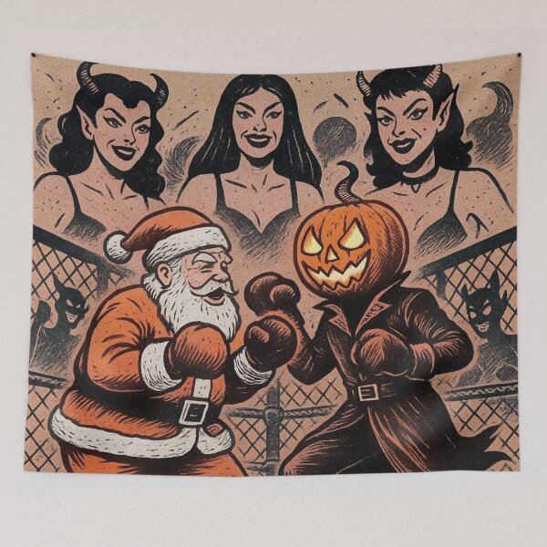 Aperçu de l'œuvre Soirée de combat entre le Cavalier sans tête et le Père Noël : Affiche d'art rétro alternative pour Halloween et l'hiver créée et vendue par TheHorsemanRidesAgain.