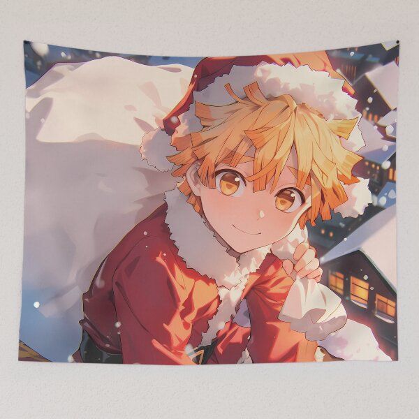 Item preview, Zenitsu Agatsuma Demon Slayer Christmas Anime Winter Santa Snow Town Night designed and sold by CarlosBender.