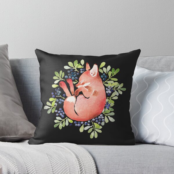 Sleeping fox and blue berries Throw Pillow