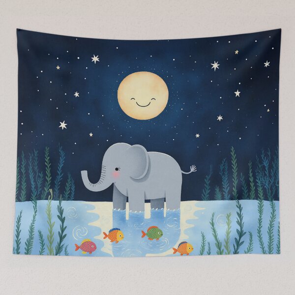 Item preview, Cute Elephant Under Smiling Moon – Whimsical Night Illustration designed and sold by Whimsical Hug.
