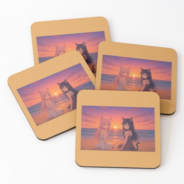 Item preview, Sunset Serenity – Two Anime Catgirls at the Beach designed and sold by Anilabart.