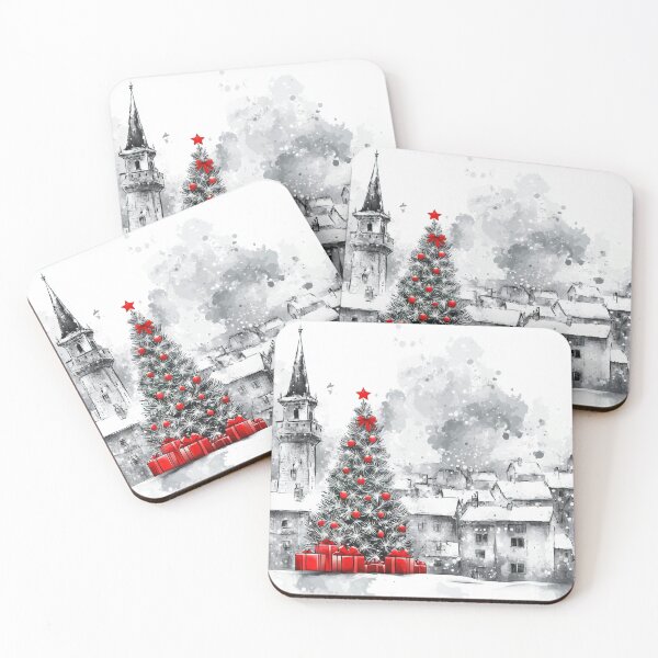 Item preview, Snowy Christmas Town Sketch with Red Tree & Gifts - Pop of Color Art designed and sold by Lamarcy.