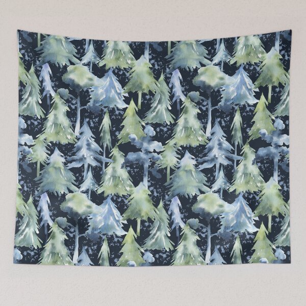 Item preview, Watercolor Winter Forest Pattern on Dark Blue designed and sold by Flowersforbear.