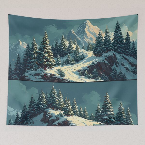 Item preview, Pixel art winter landscape with snow-covered mountains and trees designed and sold by Mianku | Für das Leben.