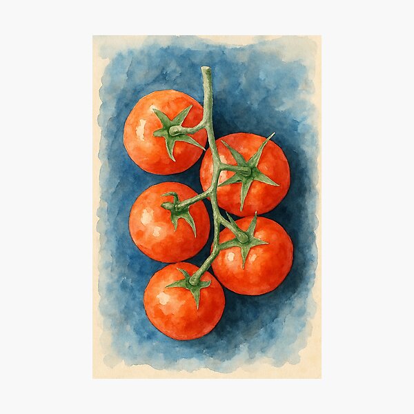 Artikelvorschau, Aquarell-Kirschtomaten auf blauem Hintergrund – Künstlerische Lebensmittelillustration entworfen und verkauft von Pacika.