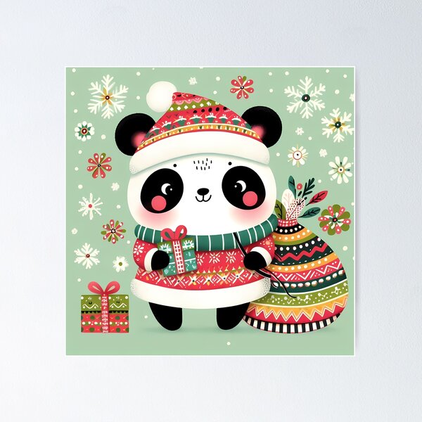 Item preview, Festive Panda with Candy Cane and Snowflakes – Scandinavian Folk Art by heidiannemorris © designed and sold by FOLK ART FUSION by heidiannemorris.