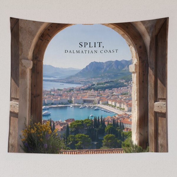 Item preview, Ai image of Split Riva Promenade Window View - Diocletian’s Palace Premium Travel Poster Art Print designed and sold by TrendSh0p.