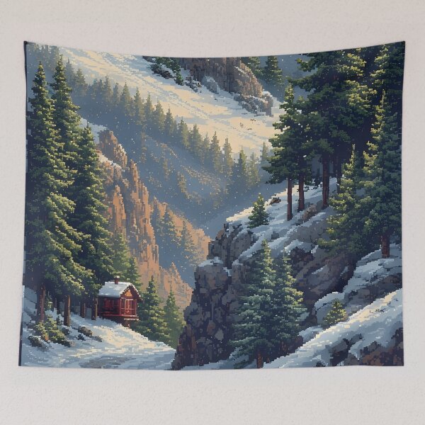 Item preview, Pixel art: Snow-covered mountain cabin in a winter forest designed and sold by Mianku | Für das Leben.