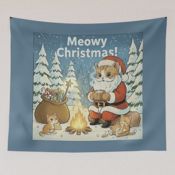 Item preview, Meowy Christmas Santa Cat with Hot Milk - Cozy Winter Campfire Kittens Cheese Holiday Scene designed and sold by SammyMorry.