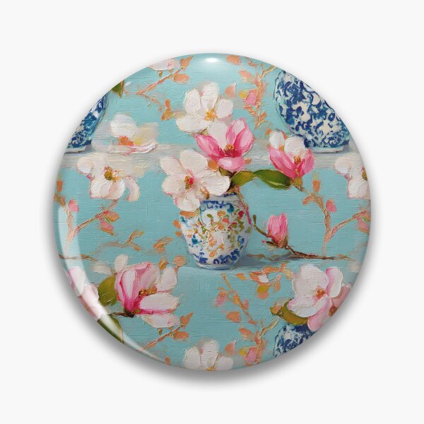 Item preview, Pink magnolia in blue and white ginger jars on duck egg and gold, oil painting designed and sold by SophieClimaArt.
