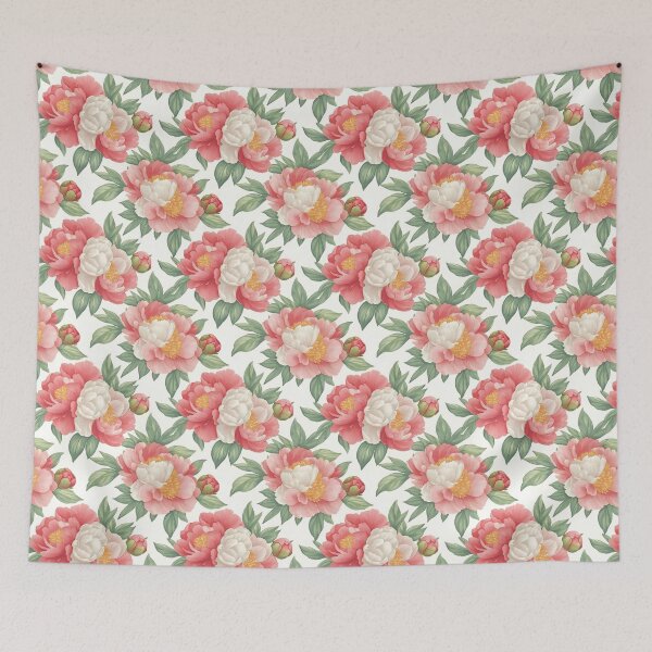 Item preview, The image displays a floral pattern composed of pink and white flowers accompanied by foliage, all set against a clean, bright white backdrop, creating an elegant design. designed and sold by rujlaphusstudio.