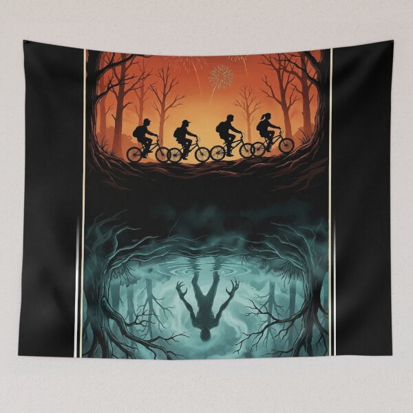 Item preview, Retro Sci-Fi Forest Scene Kids on Bikes & Shadow Monster Reflection designed and sold by RosetteArtists.