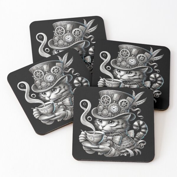 Item preview, Steampunk Cat — Black & White Tea Time with Gears & Top Hat designed and sold by EclecticArts.