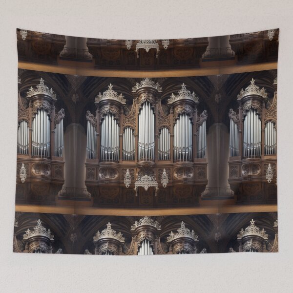 Item preview, Ornate Pipe Organ Detail - Intricate Wood Carving & Silver Pipes Art designed and sold by pinkal.