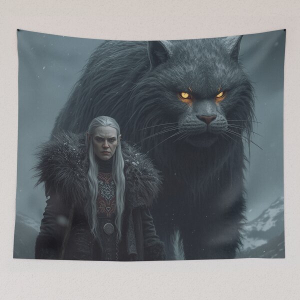 Item preview, Grýla and Yule Cat | Dark Icelandic Folklore Digital Painting designed and sold by AIfolklore.