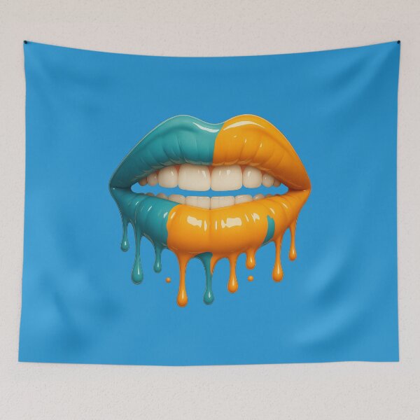 Item preview, Vibrant Dripping Teal And Orange Lip Art designed and sold by ArtComixHaven.