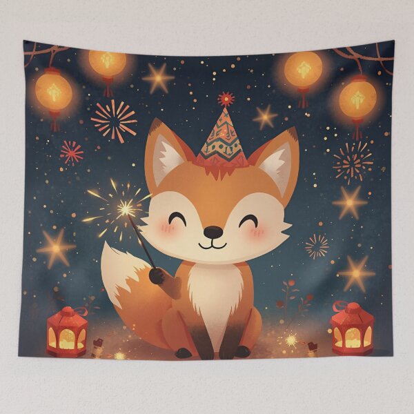 Item preview, Adorable Fox New Year Celebration – Lanterns and Fireworks Illustration designed and sold by WildlifeWhimsy.