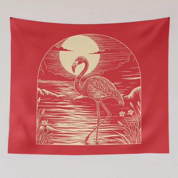 Item preview, Flamingo Sunset Linocut Style Folk Art Bird designed and sold by Y-Vibes.