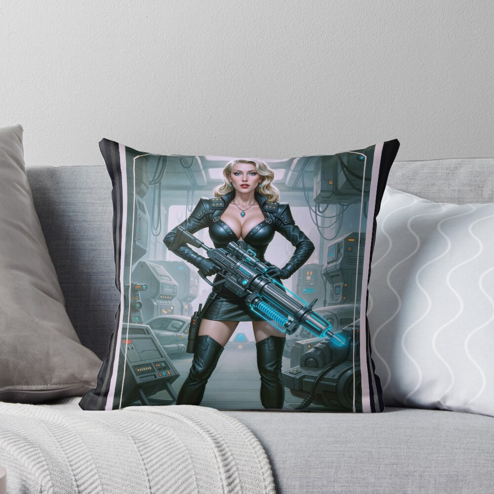 Blast-Off Betty In Cybernetic Leather Attire Captivating AI Concept Art by Xzendor7 Decorative Art Print Throw Pillow