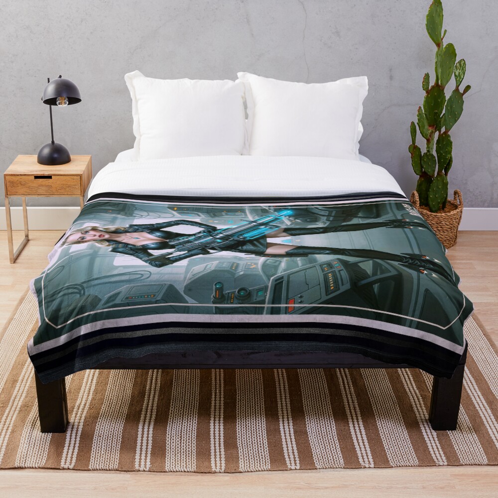 Blast-Off Betty In Cybernetic Leather Attire Captivating AI Concept Art by Xzendor7 Decorative Art Print Throw Blanket