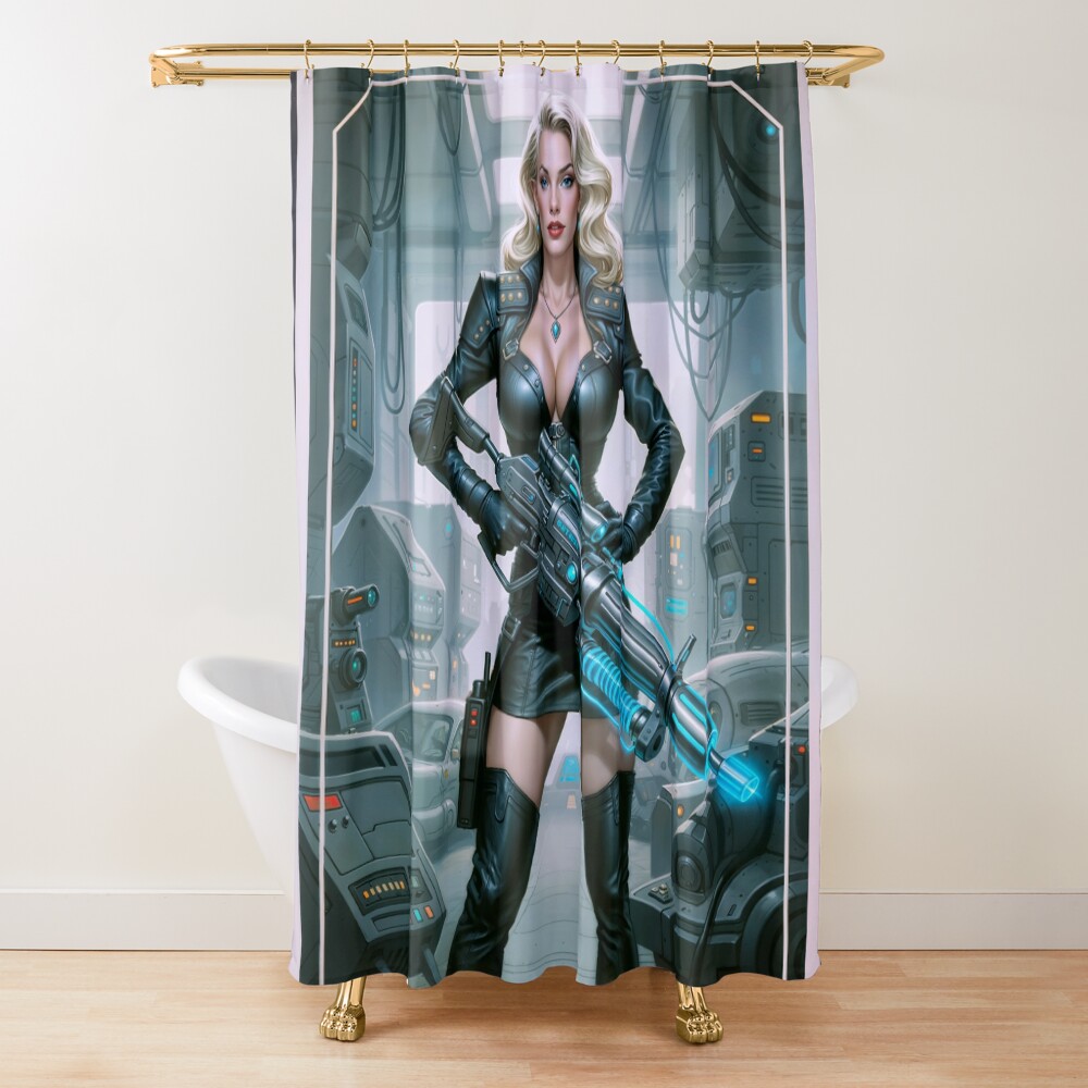 Blast-Off Betty In Cybernetic Leather Attire Captivating AI Concept Art by Xzendor7 Decorative Art Print Shower Curtain