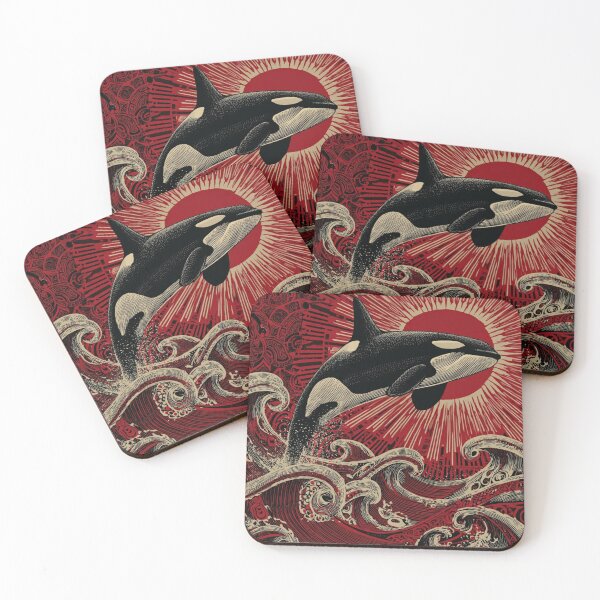 Item preview, Orca Totem – Northwest Coast Ocean Art with Red Sun & Waves designed and sold by Alaska Magick.