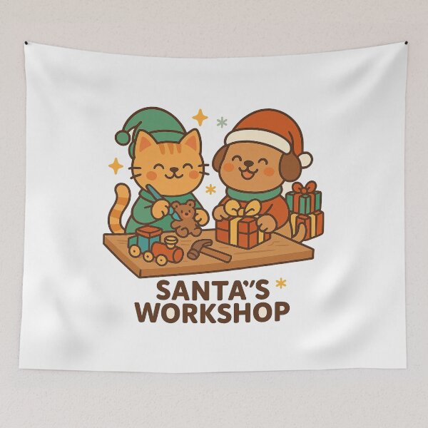 Item preview, Santa’s Workshop – Cute Christmas Cat and Dog Toy Making Cartoon Design designed and sold by StyleLap.