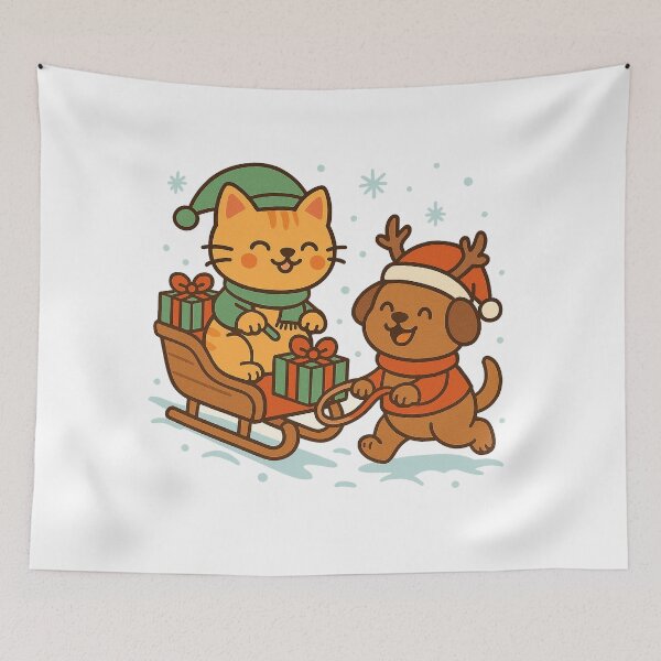 Item preview, North Pole Delivery – Cute Christmas Cat and Dog Sleigh Ride Cartoon Design designed and sold by StyleLap.