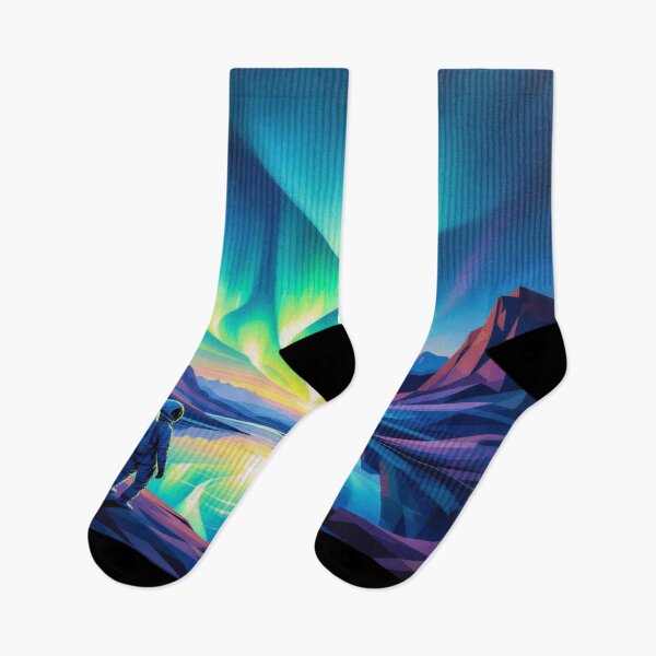 Item preview, Astronaut under Alien Auroras – surreal lights swirl above cosmic peaks & silent lakes designed and sold by FotoworldEdel.