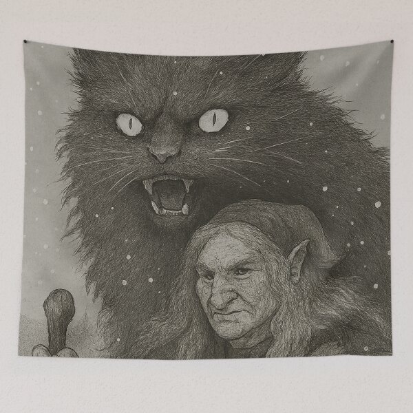 Item preview, Grýla and Yule Cat | Dark Icelandic Folklore Digital Painting (Christmas Monochrome Edition) designed and sold by AIfolklore.