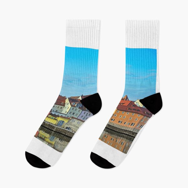 Item preview, Colorful old buildings are reflected in the Danube, Regensburg, Germany designed and sold by goceris.